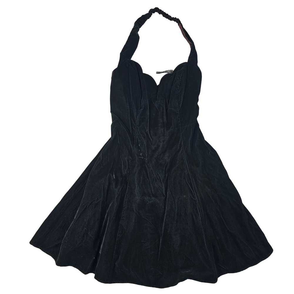 Vintage Black Velvet Halter Mini Dress Sweetheart Neck Skater Skirt LBD